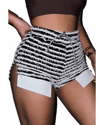 Women's Sweatpants, Sexy Split High Waist Fleece Stripe Patchwork Knitted Shorts 22342-black Shorts $10.08 Shorts