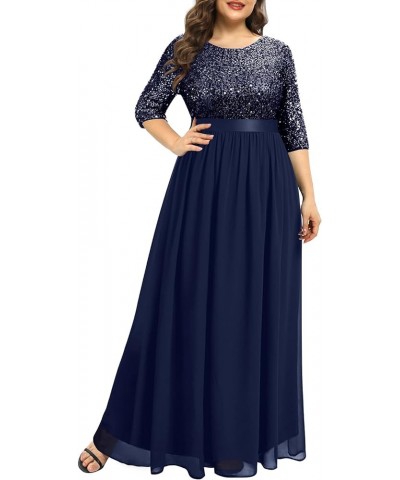 Women's Plus Size Lace Chffon Long Maxi 3/4 Sleeve V-Back Formal Dress Navy-sequin $33.12 Dresses