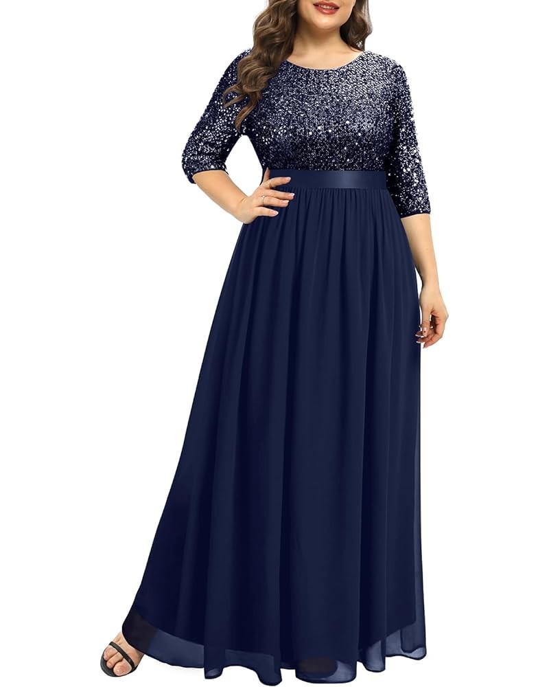 Women's Plus Size Lace Chffon Long Maxi 3/4 Sleeve V-Back Formal Dress Navy-sequin $33.12 Dresses