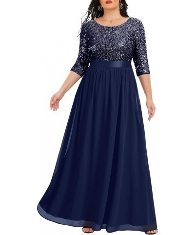 Women's Plus Size Lace Chffon Long Maxi 3/4 Sleeve V-Back Formal Dress Navy-sequin $33.12 Dresses