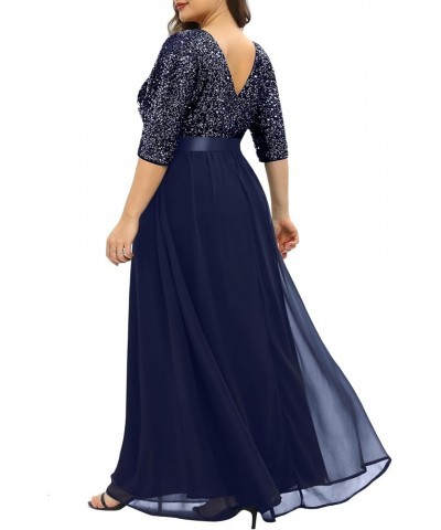 Women's Plus Size Lace Chffon Long Maxi 3/4 Sleeve V-Back Formal Dress Navy-sequin $33.12 Dresses