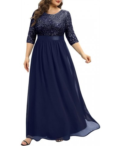 Women's Plus Size Lace Chffon Long Maxi 3/4 Sleeve V-Back Formal Dress Navy-sequin $33.12 Dresses