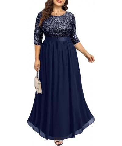 Women's Plus Size Lace Chffon Long Maxi 3/4 Sleeve V-Back Formal Dress Navy-sequin $33.12 Dresses