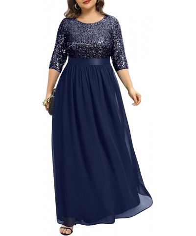 Women's Plus Size Lace Chffon Long Maxi 3/4 Sleeve V-Back Formal Dress Navy-sequin $33.12 Dresses