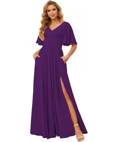 Women's Flutter Sleeves Bridesmaid Dresses Long V Neck Pleated Chiffon Formal Evening Gown with Slit TN004 Purple $24.30 Dresses