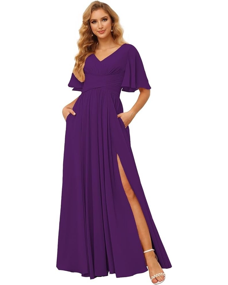 Women's Flutter Sleeves Bridesmaid Dresses Long V Neck Pleated Chiffon Formal Evening Gown with Slit TN004 Purple $24.30 Dresses