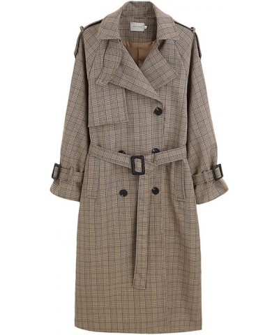 Ladies Trench Coat Plaid Long Double Breasted Belted Loose Women Duster Coat Outerwear (Color : Plaid Coffee, Size : Small) M...