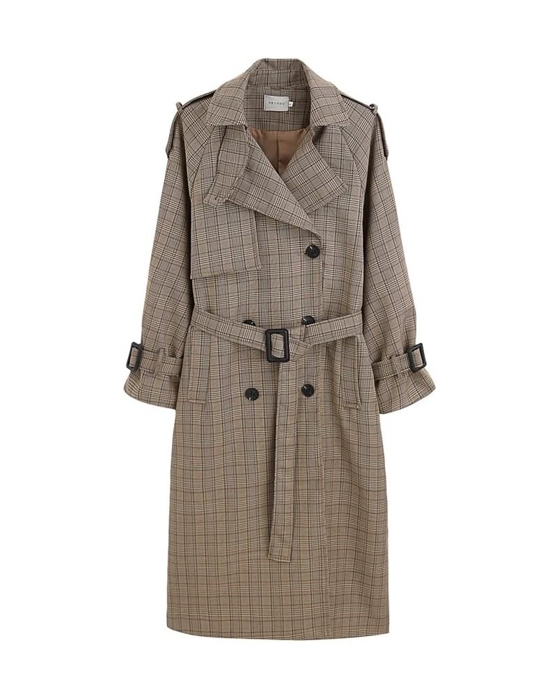 Ladies Trench Coat Plaid Long Double Breasted Belted Loose Women Duster Coat Outerwear (Color : Plaid Coffee, Size : Small) M...