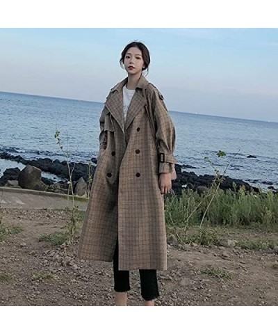 Ladies Trench Coat Plaid Long Double Breasted Belted Loose Women Duster Coat Outerwear (Color : Plaid Coffee, Size : Small) M...