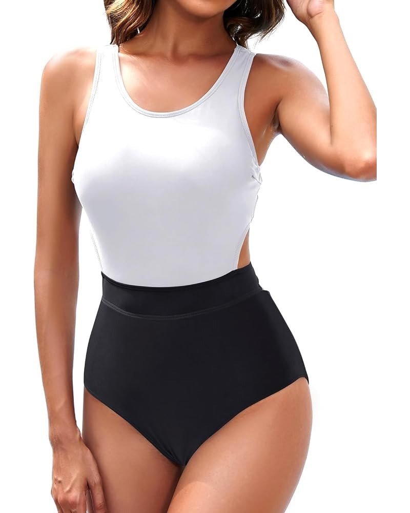 Women One Piece Swimsuits Tummy Control Cutout Bathing Suit for Teen Girls Zip Up Monokini Black and White $15.19 Swimsuits