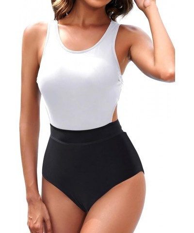 Women One Piece Swimsuits Tummy Control Cutout Bathing Suit for Teen Girls Zip Up Monokini Black and White $15.19 Swimsuits