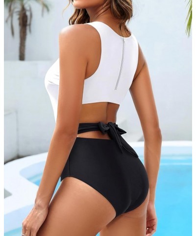 Women One Piece Swimsuits Tummy Control Cutout Bathing Suit for Teen Girls Zip Up Monokini Black and White $15.19 Swimsuits