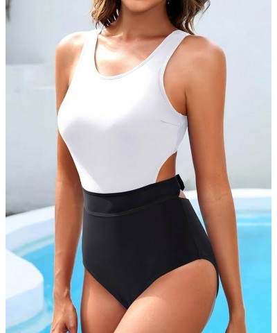 Women One Piece Swimsuits Tummy Control Cutout Bathing Suit for Teen Girls Zip Up Monokini Black and White $15.19 Swimsuits