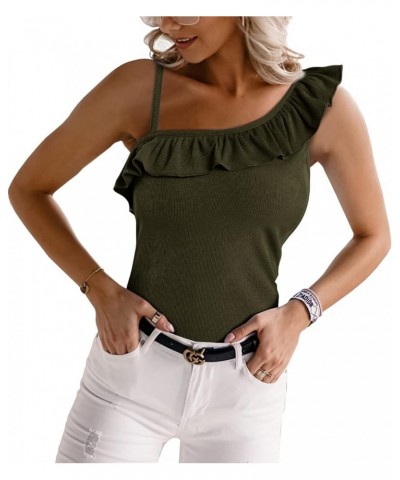 Womens Summer Bodycon Camisoles One Shoulder Strap Square Neck Blouse Rib Knitted Ruffle Tank Tops Y-army Green $12.53 Tanks