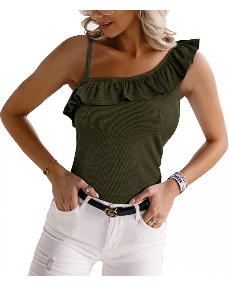 Womens Summer Bodycon Camisoles One Shoulder Strap Square Neck Blouse Rib Knitted Ruffle Tank Tops Y-army Green $12.53 Tanks