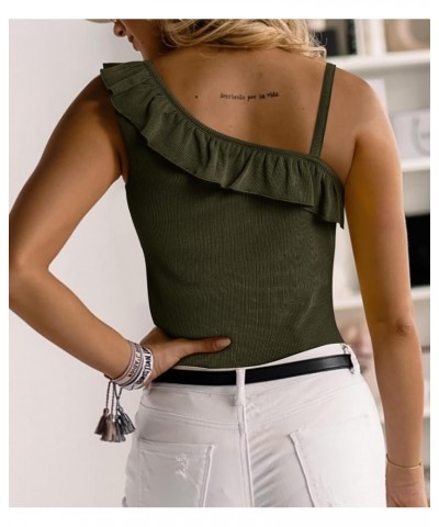 Womens Summer Bodycon Camisoles One Shoulder Strap Square Neck Blouse Rib Knitted Ruffle Tank Tops Y-army Green $12.53 Tanks