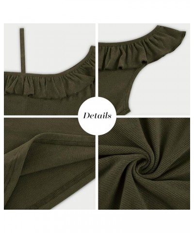 Womens Summer Bodycon Camisoles One Shoulder Strap Square Neck Blouse Rib Knitted Ruffle Tank Tops Y-army Green $12.53 Tanks