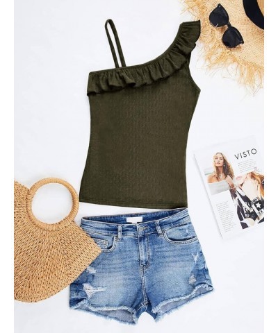 Womens Summer Bodycon Camisoles One Shoulder Strap Square Neck Blouse Rib Knitted Ruffle Tank Tops Y-army Green $12.53 Tanks