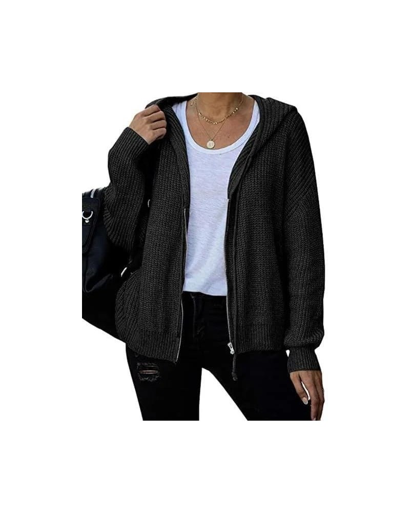 Women's Fall Zip Up Hooded Sweater Jackets Open Front Drawstring Knitted Tops Black $15.75 Sweaters