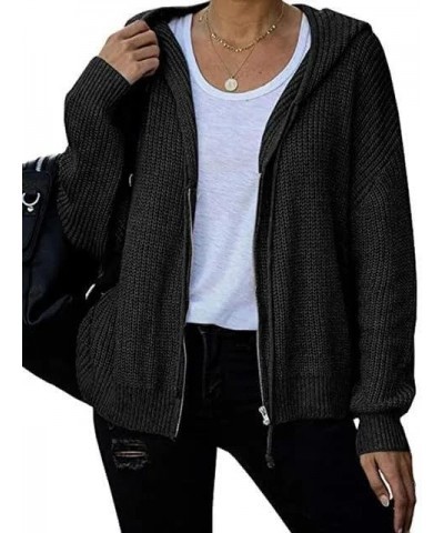 Women's Fall Zip Up Hooded Sweater Jackets Open Front Drawstring Knitted Tops Black $15.75 Sweaters