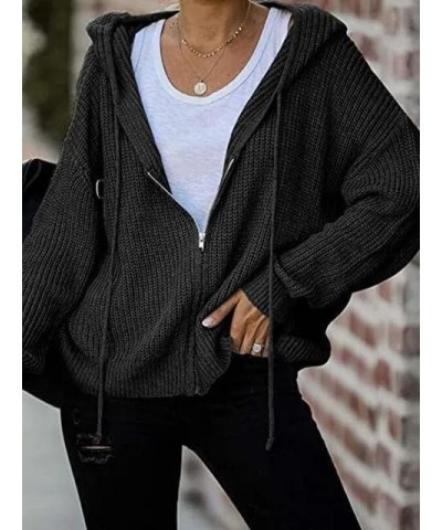 Women's Fall Zip Up Hooded Sweater Jackets Open Front Drawstring Knitted Tops Black $15.75 Sweaters