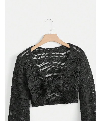 Women's Deep V Neck Bell Sleeve Tie Front Hollow Out Sexy Crop Cardigan Knit Top Black $9.89 Sweaters