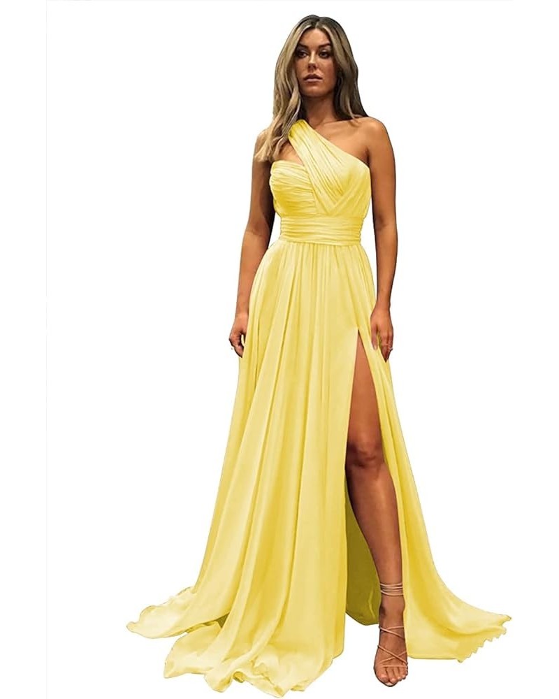 Women's One Shoulder Bridesmaid Dresses Long Slit Formal Evening Party Gowns with Pockets Yellow $34.30 Dresses