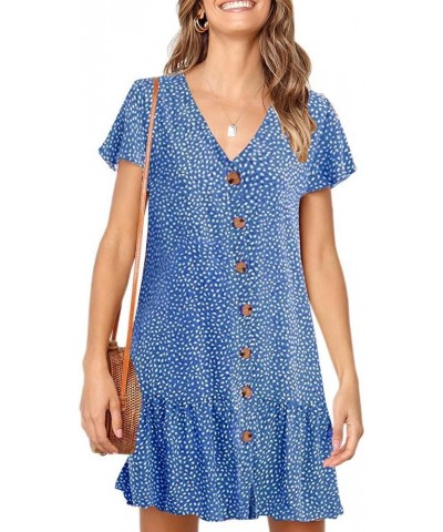 Womens Polka Dot V Neck Button Down Ruffles Casual Loose Swing Short Mini T-Shirt Dress A1-blue $13.79 Dresses