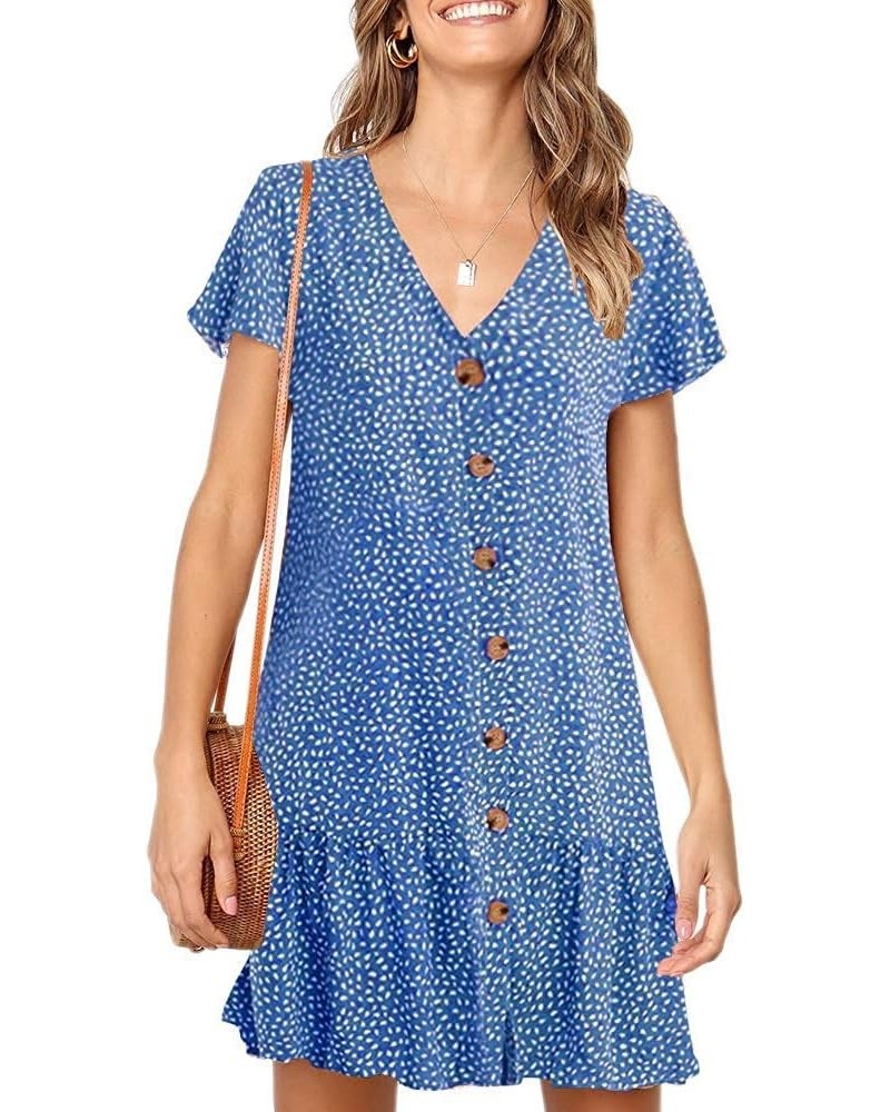 Womens Polka Dot V Neck Button Down Ruffles Casual Loose Swing Short Mini T-Shirt Dress A1-blue $13.79 Dresses