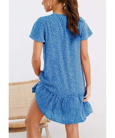 Womens Polka Dot V Neck Button Down Ruffles Casual Loose Swing Short Mini T-Shirt Dress A1-blue $13.79 Dresses