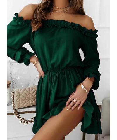 Womens Spring 2024 Ruffle Off Shoulder Dress Long Sleeve Elastic Waist A-Line Casual Swing Mini Dresses Green $25.64 Dresses