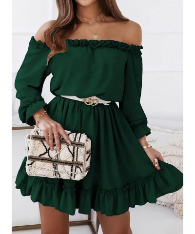 Womens Spring 2024 Ruffle Off Shoulder Dress Long Sleeve Elastic Waist A-Line Casual Swing Mini Dresses Green $25.64 Dresses