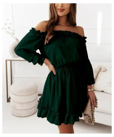 Womens Spring 2024 Ruffle Off Shoulder Dress Long Sleeve Elastic Waist A-Line Casual Swing Mini Dresses Green $25.64 Dresses