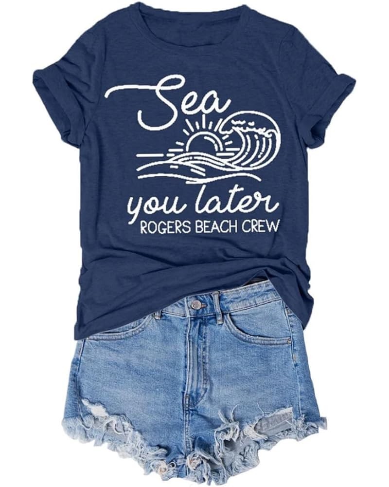 Women's Summer Beach Vacation T Shirt Round Neck Short Sleeve Casual Fashion Graphic Printed Tees Tops Dark Blue $9.50 T-Shirts