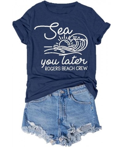 Women's Summer Beach Vacation T Shirt Round Neck Short Sleeve Casual Fashion Graphic Printed Tees Tops Dark Blue $9.50 T-Shirts