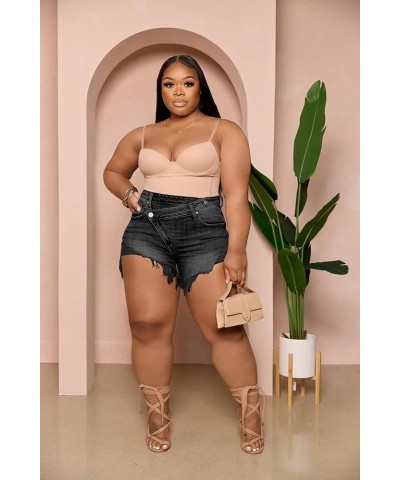 Women's Plus Size High Waisted Crossover Jean Shorts Ripped Raw Hem Summer Hot Denim Shorts Black Grey $21.23 Shorts