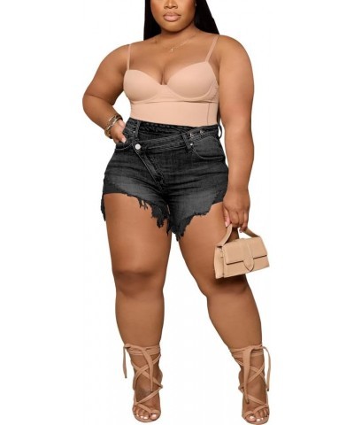 Women's Plus Size High Waisted Crossover Jean Shorts Ripped Raw Hem Summer Hot Denim Shorts Black Grey $21.23 Shorts