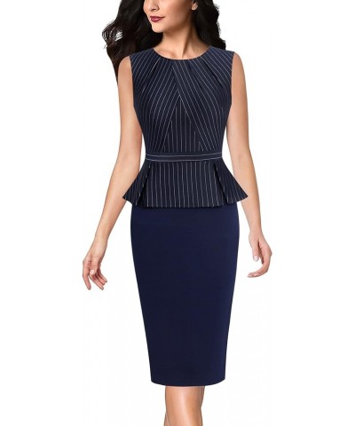 Womens Pleated Crew Neck Peplum Work Office Business Bodycon Sheath Dress Blue and White Pinstriped (Sleeveless) $23.39 Dresses