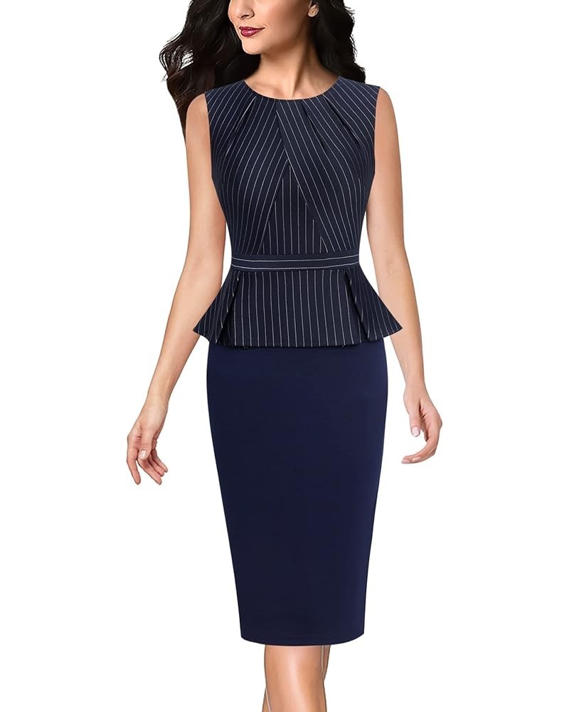 Womens Pleated Crew Neck Peplum Work Office Business Bodycon Sheath Dress Blue and White Pinstriped (Sleeveless) $23.39 Dresses