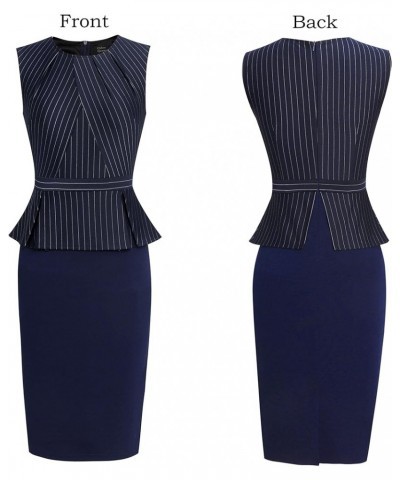 Womens Pleated Crew Neck Peplum Work Office Business Bodycon Sheath Dress Blue and White Pinstriped (Sleeveless) $23.39 Dresses