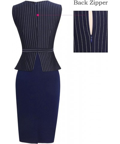 Womens Pleated Crew Neck Peplum Work Office Business Bodycon Sheath Dress Blue and White Pinstriped (Sleeveless) $23.39 Dresses