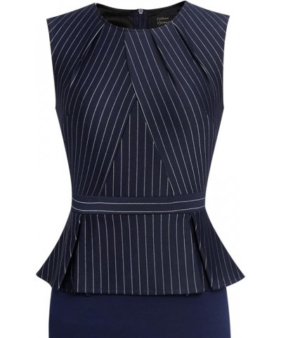 Womens Pleated Crew Neck Peplum Work Office Business Bodycon Sheath Dress Blue and White Pinstriped (Sleeveless) $23.39 Dresses