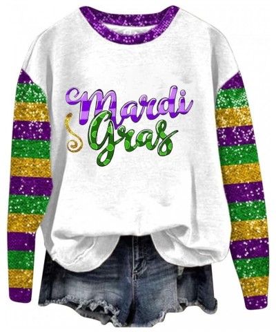 Mardi Gras Shirts for Women 2024 Crewneck Casual Long Sleeve Tshirts Sequin Sparkly Carnival Outfit Going Out Pullover Tops H...