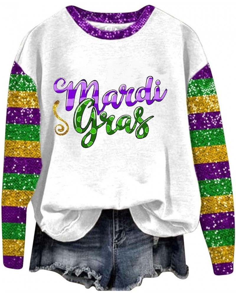 Mardi Gras Shirts for Women 2024 Crewneck Casual Long Sleeve Tshirts Sequin Sparkly Carnival Outfit Going Out Pullover Tops H...