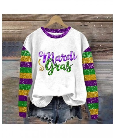 Mardi Gras Shirts for Women 2024 Crewneck Casual Long Sleeve Tshirts Sequin Sparkly Carnival Outfit Going Out Pullover Tops H...