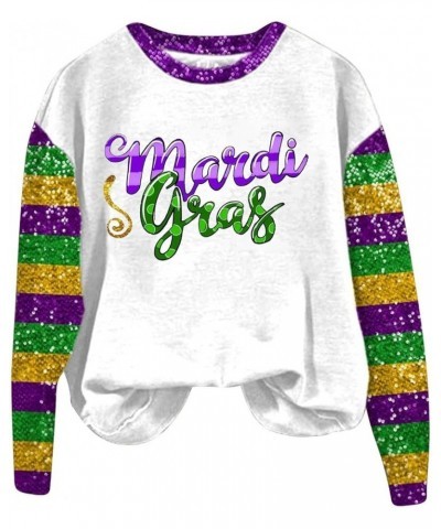 Mardi Gras Shirts for Women 2024 Crewneck Casual Long Sleeve Tshirts Sequin Sparkly Carnival Outfit Going Out Pullover Tops H...