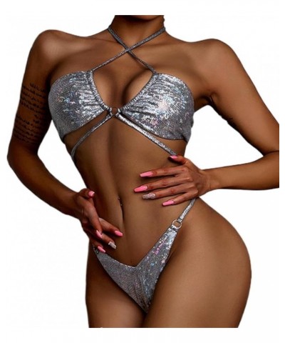 Women's Sexy Halter Bikini Set High Cut Low Waist Thong Swimsuit Silver Serpentine Cross 2 Piece Bathing Suit Zebra $12.00 Sw...