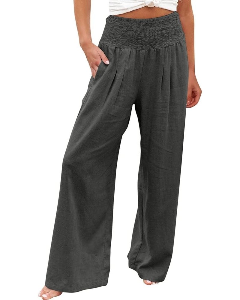 Linen Pants Women 2024 Summer Wide Leg Palazzo Pants Beach High Waisted Trousers Boho Long Lounge Pant with Pockets Dark Gray...