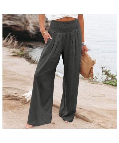 Linen Pants Women 2024 Summer Wide Leg Palazzo Pants Beach High Waisted Trousers Boho Long Lounge Pant with Pockets Dark Gray...