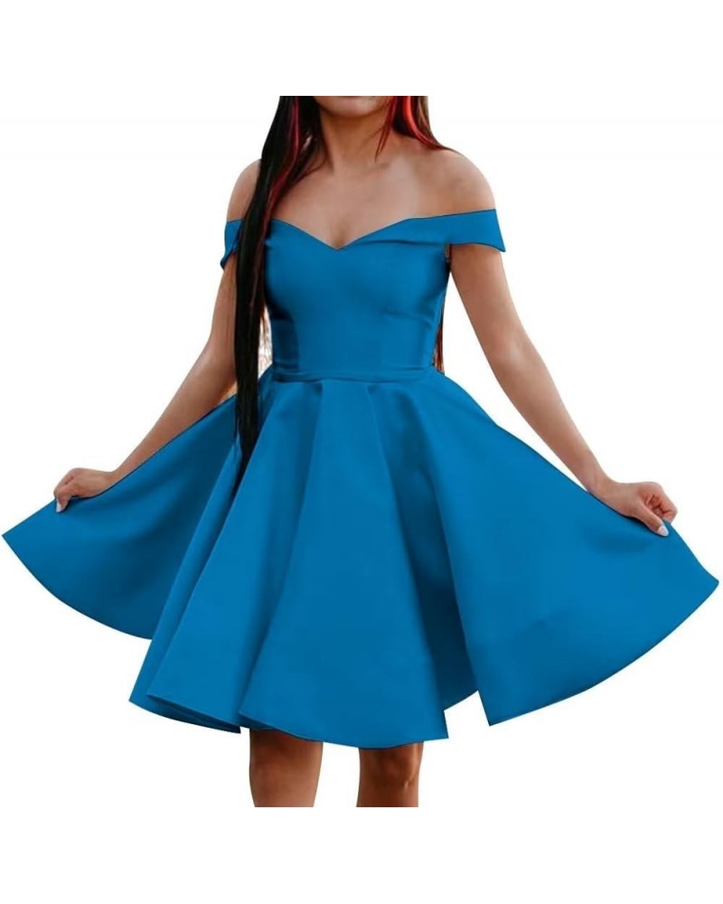 Off Shoulder Homecoming Dresses for Teens A Line Short Prom Dresses Satin Cocktail Party Gowns with Pockets Light Blue $32.39...